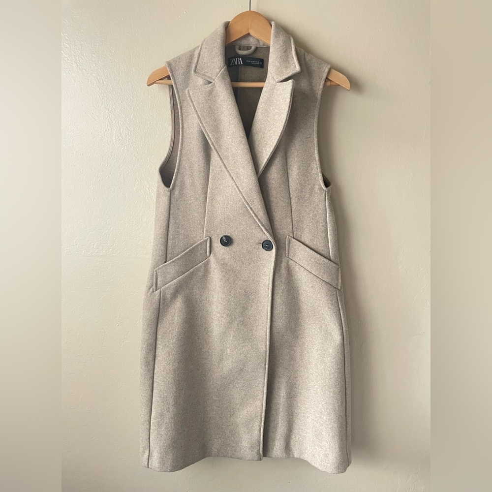 Zara double breasted sleeveless longline Vest jacket beige